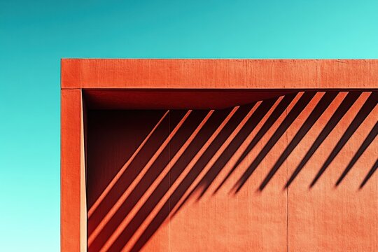 minimal red building facade with diagonal shadow slats against turquoise sky, calm geometric composition