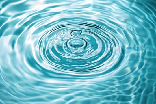 single water droplet suspended above concentric ripples on a turquoise water surface, calm serene light reflections evoking tranquility