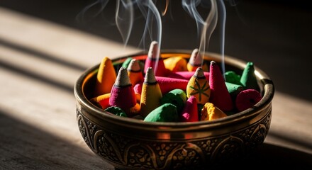 Colorful Aromatic Incense Cones Burning in a Decorative Bowl.