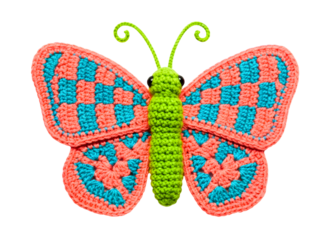 Crocheted butterfly with coral and turquoise checkered wings isolated on transparent background