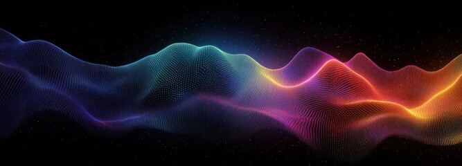 glowing multicolored dotted mesh forming an undulating wave-like landscape against a dark starry background, futuristic serene energy flow