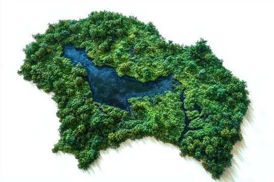 aerial view of an isolated lush tropical island with dense rainforest, central dark blue lake and winding waterways, serene and vibrant