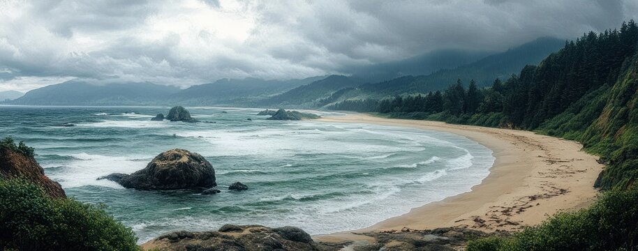 moody coastal panorama of a crescent sandy beach with rocky sea stacks, rolling waves and forested cliffs under a heavy overcast sky