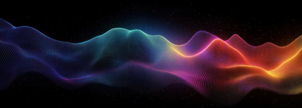 glowing multicolored dotted mesh forming an undulating wave-like landscape against a dark starry background, futuristic serene energy flow