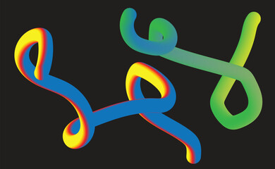 Two abstract squiggle lines of different colors on a black background in a modern style
