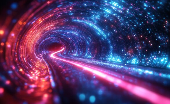 Mesmerizing neon light tunnel with swirling blue and pink sparkles and a glowing luminescent pathway conveying speed, motion and futuristic wonder