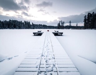 Wooden dock leads into a snow-covered frozen lake, trees in background
