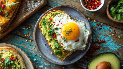 Delicious avocado toast topped with a sunny-side-up egg, fresh spinach, and red pepper flakes on rustic wood.