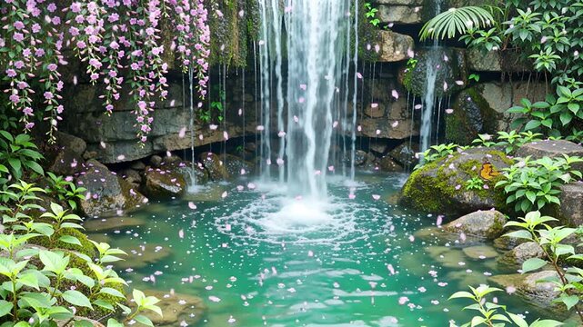 tranquil waterfall scene with blossoms and butterfly animation | nature, relaxing, stream, gaming, meditation theme