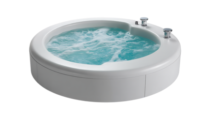 Round stone hot tub with clear blue water for relaxation and therapy use on transparent background
