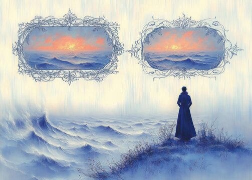 solitary figure in a long coat standing on a misty coastal cliff gazing at an ornate framed sunset over rolling ocean, dreamy contemplative and melancholic mood