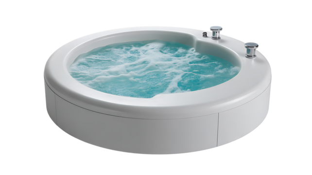 Round stone hot tub with clear blue water for relaxation and therapy use on transparent background
