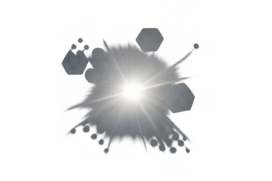 Bright sun light glow creating abstract optical lens flare effect with shining star burst on transparent background