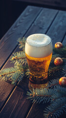 Pint of Beer with Fir Branches and Glitter Ornaments – Holiday Celebration Concept