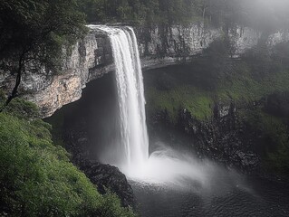 Solitary curtain waterfall plunging from a rugged limestone cliff into a misty pool, surrounded by green forest and mossy canyon walls, serene and dramatic mood
