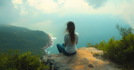 Solitary woman sitting on a rocky cliff edge overlooking a misty coastline and calm sea amid green foliage, feeling peaceful and contemplative under a soft cloudy sky
