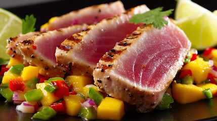 Delicious grilled tuna steak served with fresh mango salsa and lime, perfect for gourmet dining.