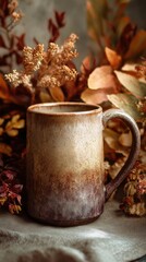 Autumnal Still Life - Ceramic Mug with Warm Tones and Dried Floral Arrangement.