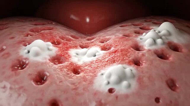 3D Medical Animation of Oral Thrush (Candidiasis) Infection on the Tongue. Close-up view of Fungal Disease in the Mouth.