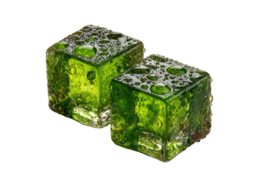 Two green, dewy, translucent cubes, closely together