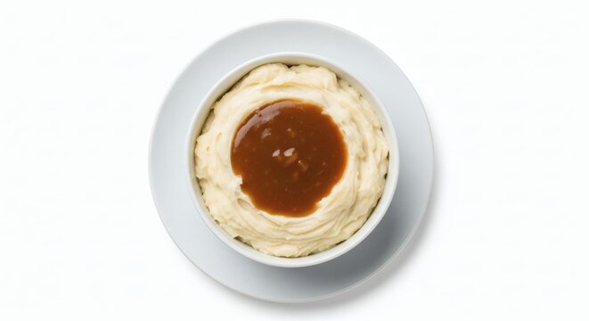 Overhead shot of creamy mashed potatoes with turkey gravy.