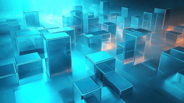 translucent glass cubes and rectangular prisms forming a misty futuristic cityscape bathed in cool blue light with warm orange glows, serene and mysterious