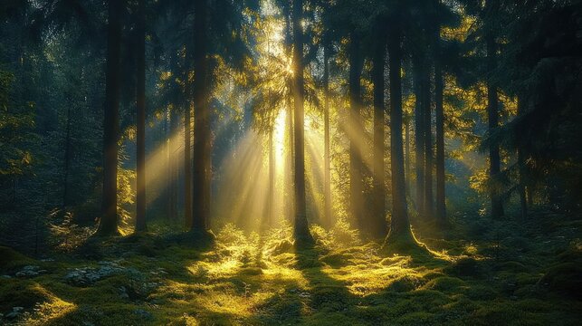Golden sunlight streaming through tall evergreen trees onto a moss-covered forest floor, creating a tranquil, magical atmosphere of dappled light and soft shadows - Powered by Adobe