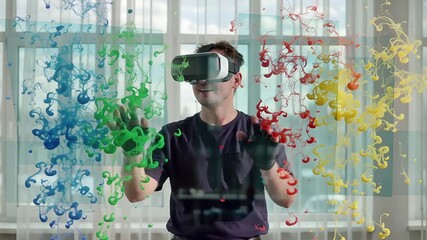 vr interaction with dynamic colorful shapes in immersive environment | technology, gaming, entertainment, innovation, abstract theme - Powered by Adobe