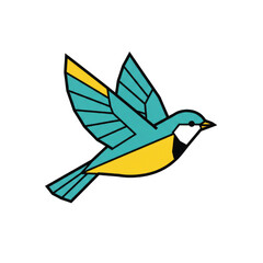 Obraz premium A stylized geometric illustration of a small blue and yellow bird flying with spread wings.