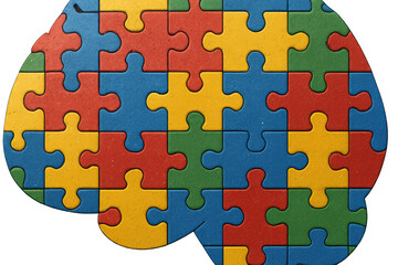 Human brain puzzle shape with colorful jigsaw pieces symbolising different minds, autism awareness, psychology concept on transparent background
