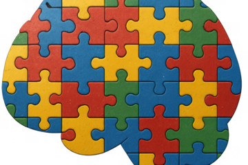 Human brain puzzle shape with colorful jigsaw pieces symbolising different minds, autism awareness, psychology concept on transparent background