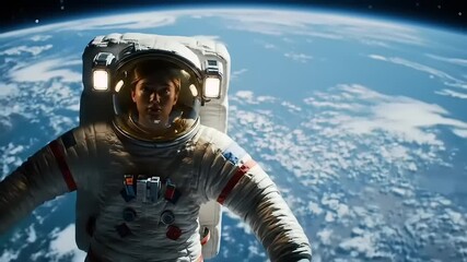 Portrait of an astronaut in a spacesuit during an extravehicular activity, observing the circular planet Earth from a high orbit - Powered by Adobe