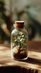 Miniature Garden in Glass Jar - Tranquil Indoor Ecosystem with Warm Sunlight.