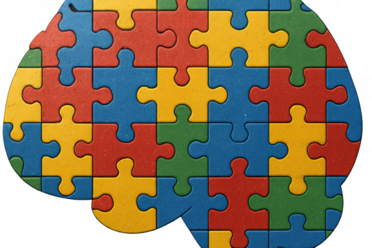 Human brain puzzle shape with colorful jigsaw pieces symbolising different minds, autism awareness, psychology concept on transparent background - Powered by Adobe