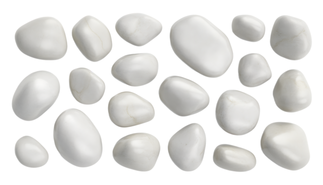 A collection of smooth, rounded white stones with varying shapes and sizes arranged in a scattered pattern.
