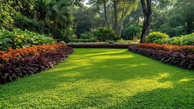 Sunlit manicured green lawn framed by colorful border plants, shrubs and tall trees in a tranquil shaded garden - Powered by Adobe