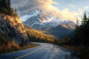 Winding wet mountain road curving past a rocky cliff and evergreen forest toward sunlit snow-capped peaks under dramatic clouds, evoking serene awe