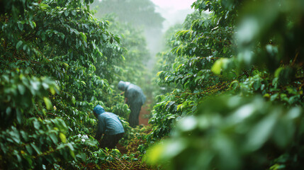 Farmers diligently harvest coffee beans in a lush, green plantation surrounded by misty mountains.