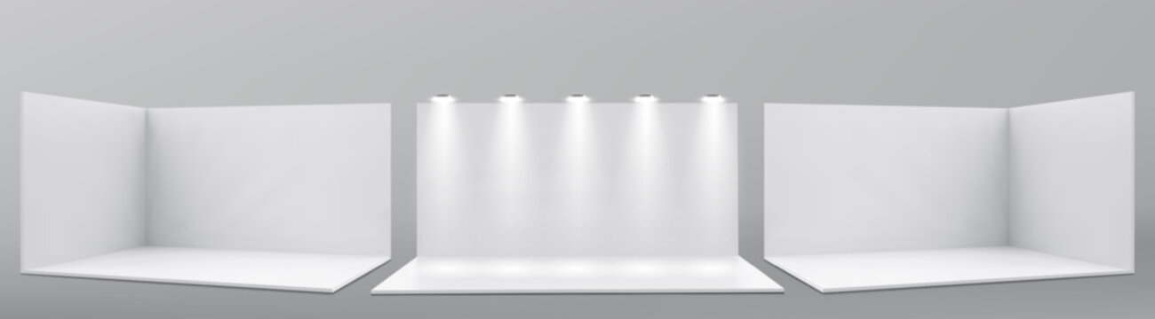 Vector 3D exhibition booth. Showroom. Square corner. Empty geometric square. Blank box template. White blank exhibition stand. Presentation event room.