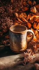 Rustic Ceramic Mug Bathed in Warm Autumn Sunlight Amidst Dried Floral Arrangement.