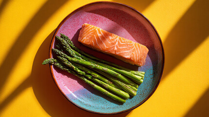 Fresh salmon fillet served with vibrant green asparagus on a colorful plate against a bright backdrop.
