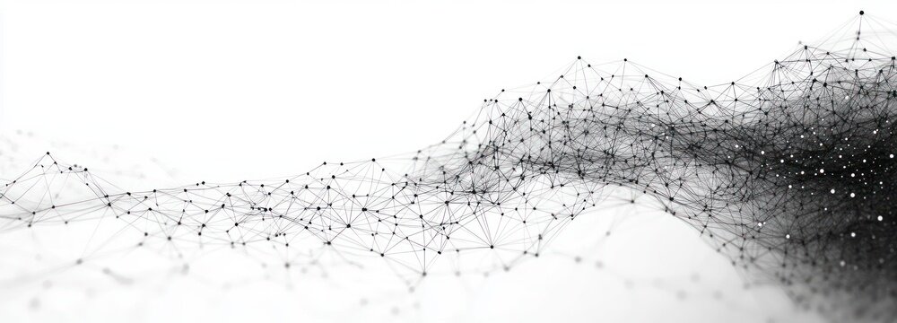 monochrome network of interconnected dots and lines forming an intricate flowing mesh and wave-like surface, evoking dynamic futuristic connectivity and delicate depth