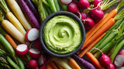 Fresh vegetables artfully arranged around a delicious green dip, perfect for healthy snacks and vibrant meals.