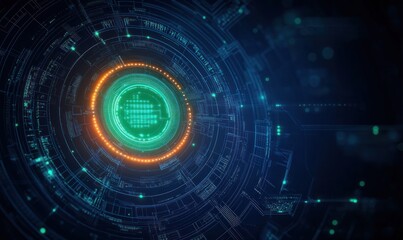 glowing circular digital interface with a green core and orange ring surrounded by blue circuitry and concentric data rings conveying futuristic high-tech energy and precision