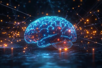 Glowing blue digital brain hologram with orange sparks, interconnected network lines and nodes over a reflective surface, evoking futuristic intelligence and wonder