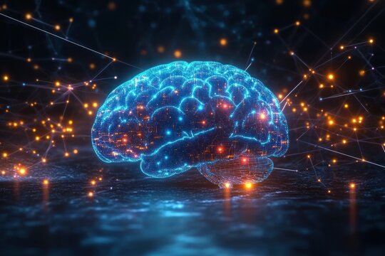 Glowing blue digital brain hologram with orange sparks, interconnected network lines and nodes over a reflective surface, evoking futuristic intelligence and wonder