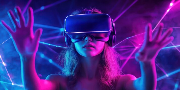 Person wearing a virtual reality headset and headphones reaching out with both hands amid neon blue and magenta laser lines and fog, radiating wonder and immersion