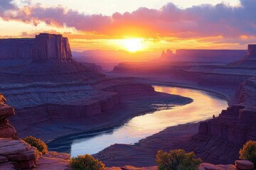 Sunset over a winding river through layered canyon mesas and rugged cliffs, glowing clouds and reflective water, desert shrubs in foreground, serene awe-inspiring panorama