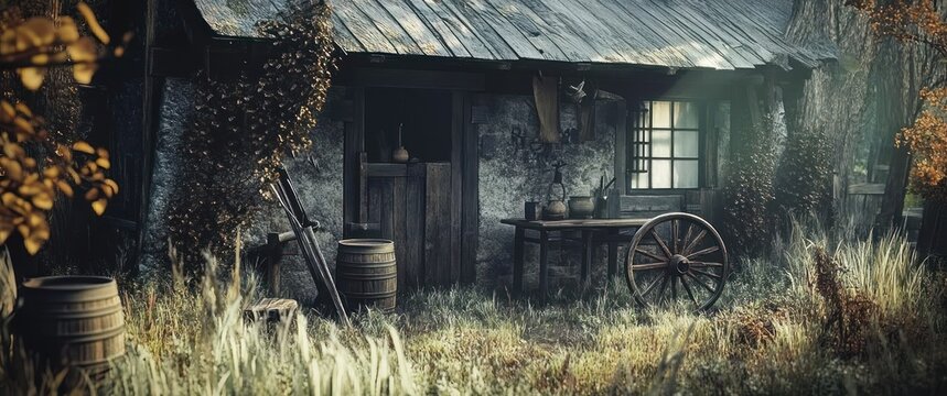 weathered rural cottage with barrels, wagon wheel, outdoor table with pottery, leaning ladder and overgrown grass under autumn trees, bathed in soft nostalgic light
