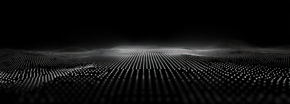Monochrome field of glowing white data points forming a wavy grid receding into a dark horizon, evoking calm and futuristic mystery